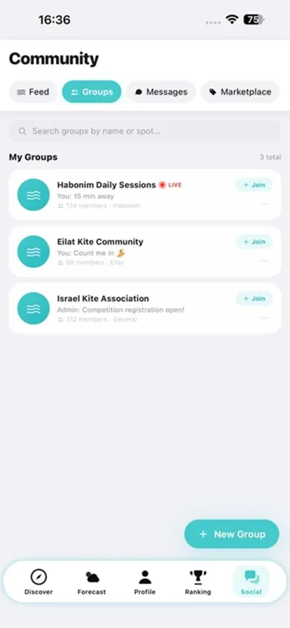 Spoteq community screen showing the Groups tab with three groups, member counts and a live badge on one of them.