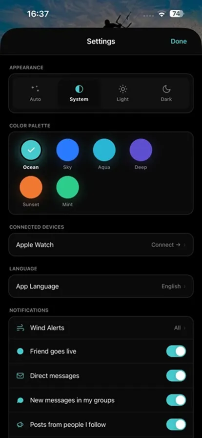 Spoteq settings screen with appearance modes, a six-swatch color palette picker, connected devices, language, and notification toggles.